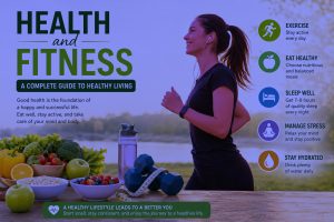 Woman jogging outdoors beside healthy food, dumbbells, and wellness icons representing exercise, nutrition, sleep, hydration, and stress management