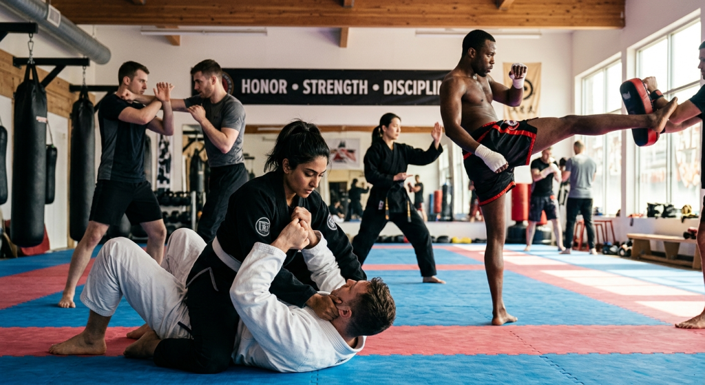 Diverse group practicing BJJ grappling and Muay Thai striking in a bright gym.