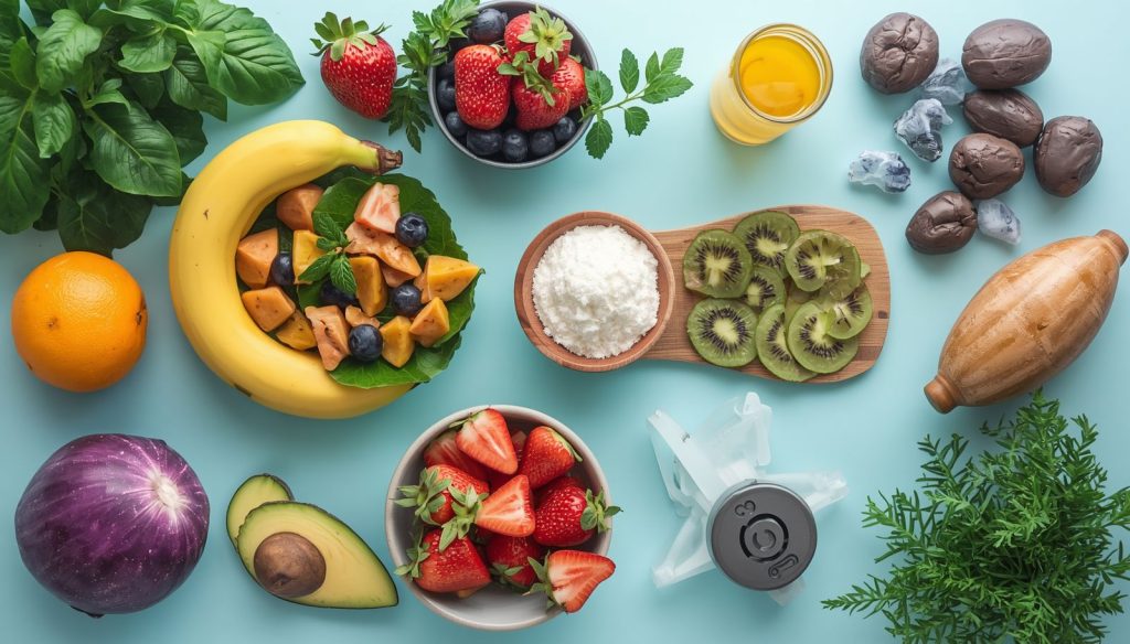 Fitness and health nutrition concept with fresh fruits, avocado, kiwi, strawberries, banana, and healthy foods for a balanced fitness and health lifestyle.